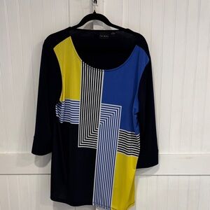 Tribal Black, Blue & Yellow Geometric, scoop neck,3/4 sleeve top size XL.